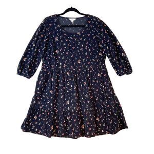 Time & Tru Corduroy Dress Womens M (8-10) Black Ditsy Floral Dark Cottagecore